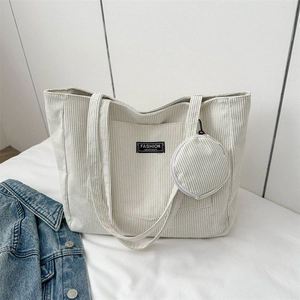 Large capacity off-white corduroy tote bag with mini coin purse for daily commuting