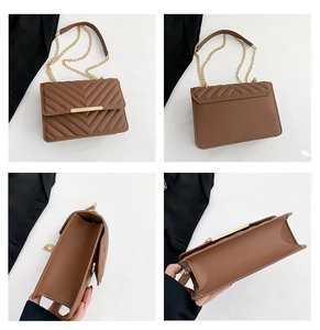 Detailed views of brown quilted crossbody bag with gold hardware and chain strap