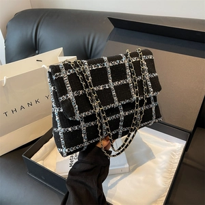 Elegante Tweed Geruite Schoudertas voor Dames Koreaanse Stijl Ketting Crossbody Tas Vierkante Handtas met Overslag