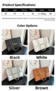 Detailed size specifications and four-color display of the V-quilted chain shoulder bag