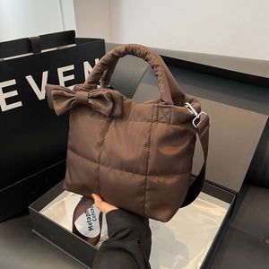 Women Quilted Padded Tote Bag Large Capacity Nylon Handbag With Bow Decorative Shoulder Crossbody Bag For Casual Daily