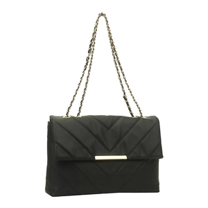 Minimalist black chevron quilted crossbody bag with golden chain strap on white background