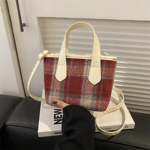 Retro red and white plaid tweed bucket bag with cream leather straps for women