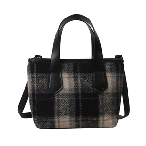Vintage plaid bucket bag for women with black and white knit texture and PU strap