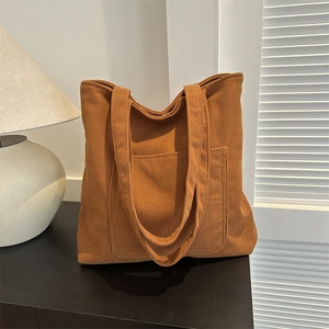 Women Corduroy Large Capacity Tote Bag Striped Texture Shoulder Bag With Front Pocket Magnetic Closure Minimalist Travel Shopping Handbag