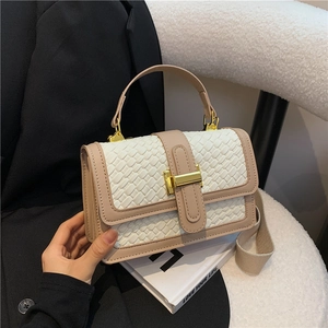Women Fashion Woven Small Square Bag PU Leather Contrast Color Handbag With Wide Strap Casual Crossbody Shoulder Bag For Daily Office