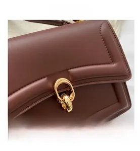 Close-up of dark brown leather handbag featuring a stylish gold double-ring metal buckle