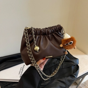 Large capacity dark brown ruched leather shoulder bag with gold chain and plush charm