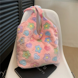 Grand Sac Fourre-Tout en Peluche pour Femme Motif Floral et Cœur Coloré Sac à Épaule Doux et Moelleux Automne Hiver Décontracté