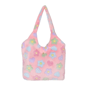 Sac fourre-tout en peluche rose avec motifs fleurs et cœurs et bouton doré chic