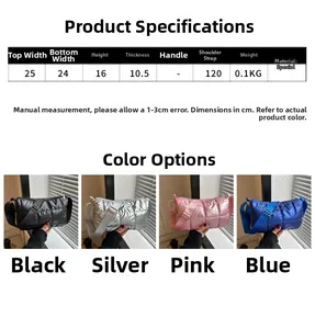 Size chart showing bag dimensions with 25cm width and visual color display of quilted bags