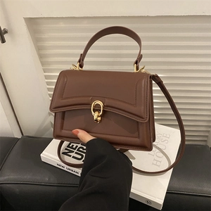Minimalist dark brown leather crossbody bag with gold hardware on white books