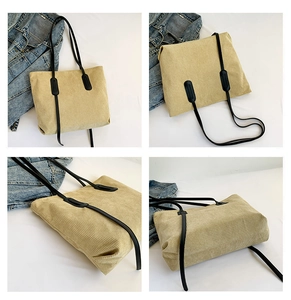 Detailed views of a beige corduroy tote bag with black straps and denim jacket accent