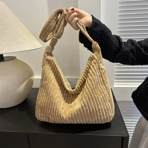 Grand sac hobo en velours côtelé kaki avec bandoulière réglable pour femmes