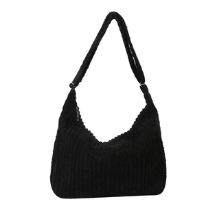 Sac hobo tendance en velours côtelé noir avec large bandoulière et fermeture éclair en métal