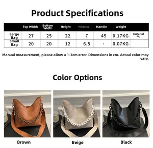 Size chart showing large and small PU leather handbag dimensions with retro chain design