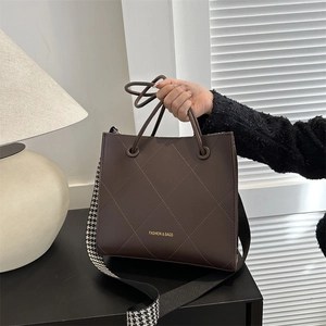Borsa Tote da Donna Retrò in Pelle PU a Rombi Borsa a Mano di Grande Capacità Con Tracolla Pied de Poule per Lavoro
