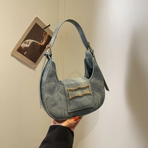 Women Minimalist Half Moon Underarm Bag Gold Buckle Denim PU Leather Shoulder Hobo Bag Fashion Handbag Solid Color Purse