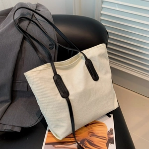 Women's Corduroy Tote Bag Large Capacity Minimalist Korean Style Handbag With PU Leather Shoulder Straps For Daily Travel Work