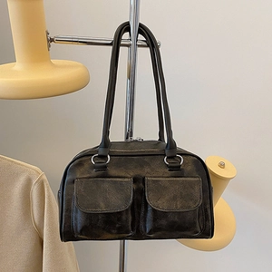 Retro black large capacity faux leather shoulder bag with dual pockets for daily commute