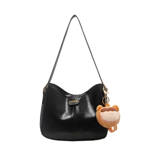 Minimalist black soft leather tote bag with FASHION print and cute plush bread charm