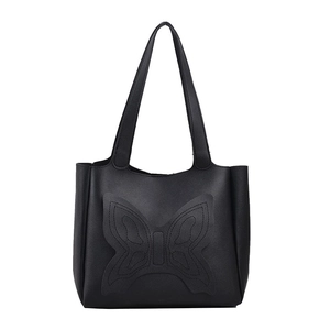 Classic black tote bag featuring a decorative butterfly embroidery and long handles