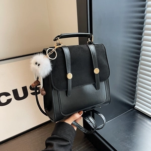 Vintage Patchwork PU Leather Fashion Backpack Handbag With Plush Monster Pendant Frosted Texture Crossbody Bag For Women