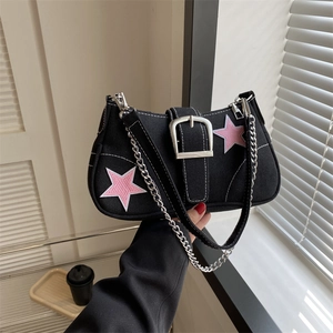 Black canvas armpit bag with pink star embroidery and silver buckle with chain strap