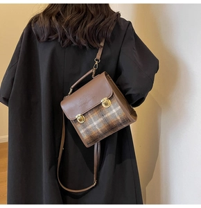 Retro contrast briefcase with brown matte leather, check pattern and gold buckles