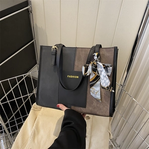 Large Capacity Contrast Color Tote Bag For Women Winter Fashionable Shoulder Bag With Silk Scarf Handle PU Leather Printed Casual Handbag
