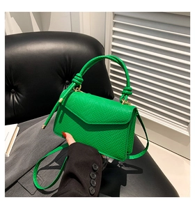 Dettaglio ravvicinato di borsa a mano verde con trama in pelle e hardware dorato