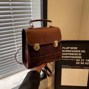 Retro plaid patchwork briefcase with gold buckles and adjustable leather shoulder strap