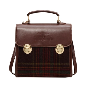 Retro plaid patchwork briefcase handbag with brown leather and adjustable straps