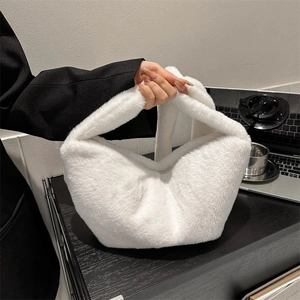 Chic white fluffy plush dumpling shoulder bag with soft faux fur texture for winter