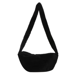 Chic black plush half-moon shoulder bag in soft faux fur for winter fashion