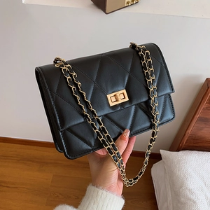 Damen Rhombisch Gesteppte PU Leder Umhängetasche Mit Goldenem Metalldrehverschluss Quadratische Kette Kleiner Schultertasche