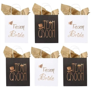 Wedding gift bags set with Team Bride and Team Groom rose gold foil text and rope handles