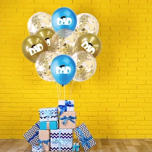 Father's Day balloon set with DAD print and decorative gift boxes on yellow background