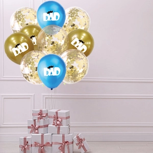 Father's Day balloon set with DAD lettering, blue and gold latex balloons with confetti