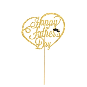 Glittery gold Happy Father's Day cake topper with heart and mustache on white background