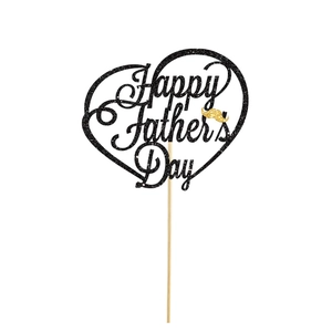 Glittering black Happy Father's Day cake topper with a gold mustache and heart shape