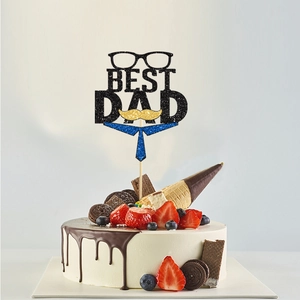 Glittery Best Dad cake topper with tie and mustache for Father's Day party decoration