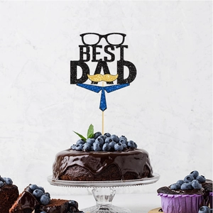 Glittery Best Dad cake topper with glasses and mustache for Father's Day party decor