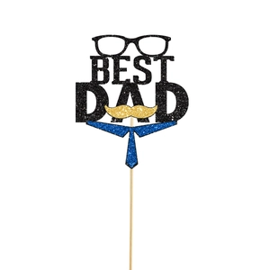 Glittering Best Dad cake topper with glasses, mustache and blue tie for Father's Day party