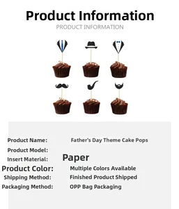 Detailed view of Father's Day paper cake toppers with mustache, tie, and hat designs