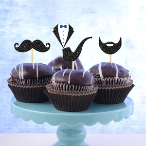 Father's Day cake topper set with black glitter mustache and tie decorations for parties