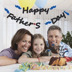 Happy Father's Day party banner and cake topper set with blue mustache and tie designs