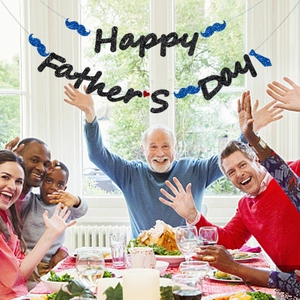 Glittering Happy Father's Day banner set with blue bow tie and mustache party decorations