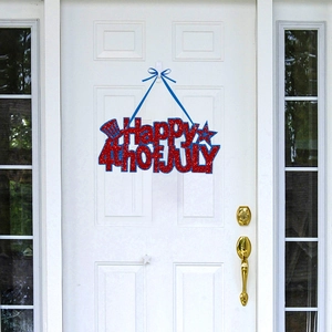 Red glitter Happy 4th of July door sign with patriotic stars and Uncle Sam hat decoration