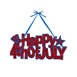 Glittery Happy 4th of July hanging sign with red and blue stars for Independence Day